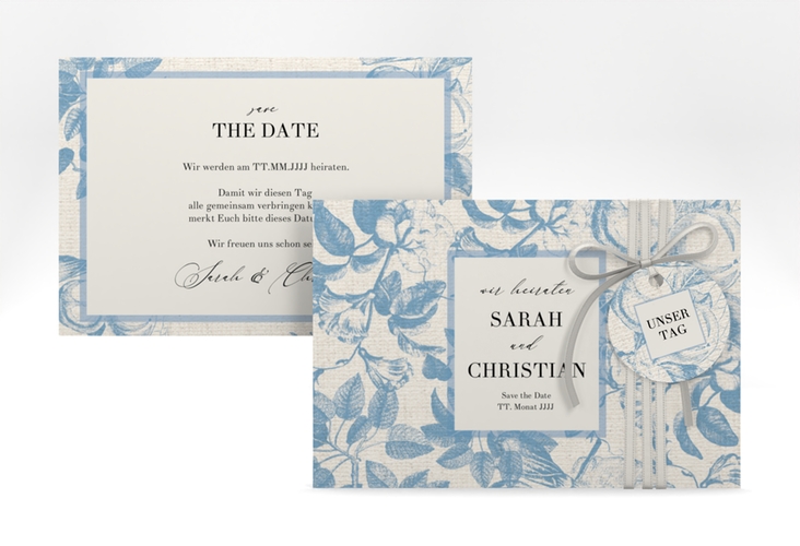 Save the Date-Karte Toile A6 Karte quer hochglanz mit Blättermuster im Toile-de-Jouy-Stil