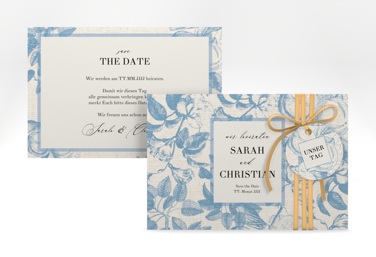 Save the Date-Karte Toile A6 Karte quer blau mit Blättermuster im Toile-de-Jouy-Stil