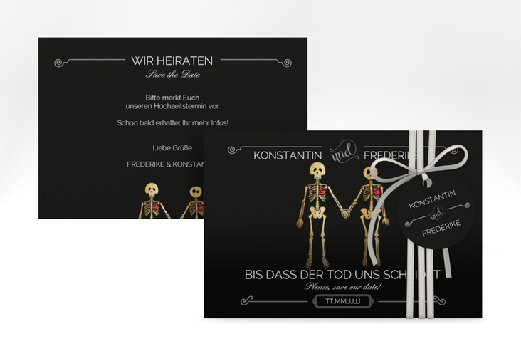 Save the Date-Karte Bones A6 Karte quer schwarz lustig mit Skelett-Brautpaar