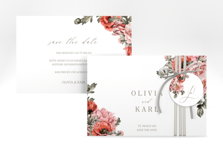 Save the Date-Karte Grazioso A6 Karte quer modern mit Mohnblumen und Rosen