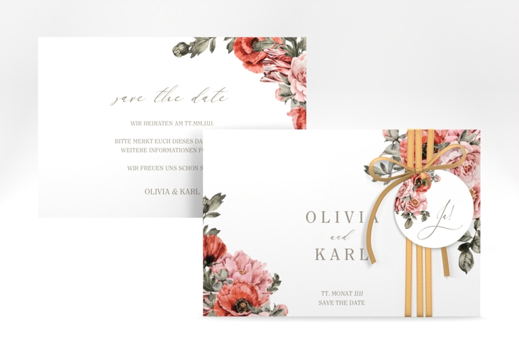 Save the Date-Karte Grazioso A6 Karte quer modern mit Mohnblumen und Rosen