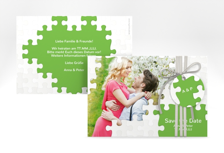 Save the Date-Karte Hochzeit Puzzle A6 Karte quer gruen hochglanz