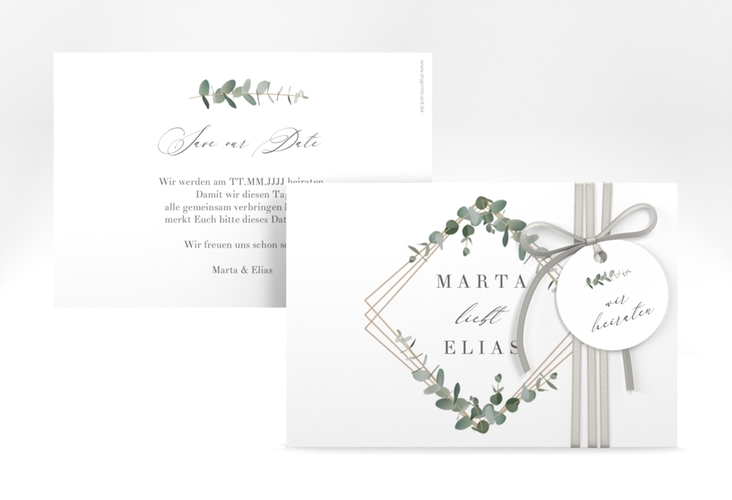 Save the Date-Karte Eukalyptus A6 Karte quer weiss