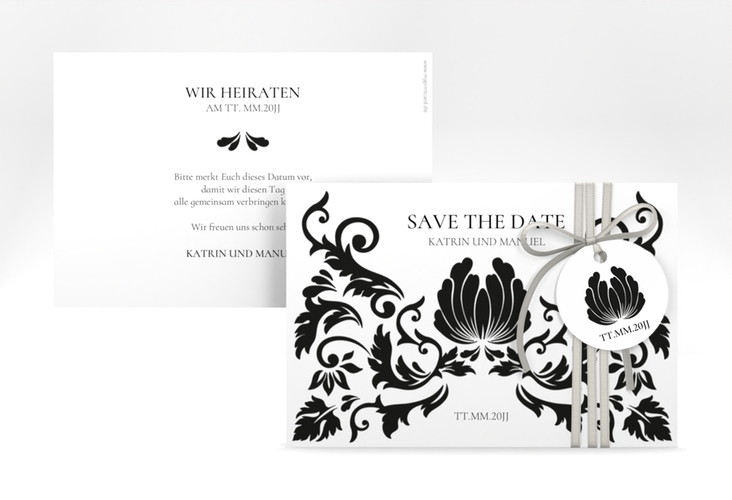 Save the Date-Karte Royal A6 Karte quer weiss hochglanz mit barockem Blumen-Ornament