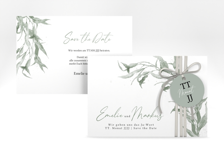 Save the Date-Karte Eucalyptus Green A6 Karte quer weiss