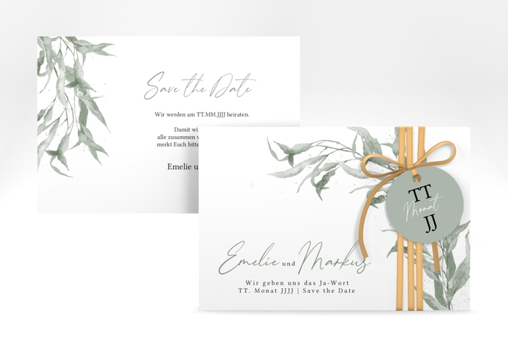 Save the Date-Karte Eucalyptus Green A6 Karte quer weiss