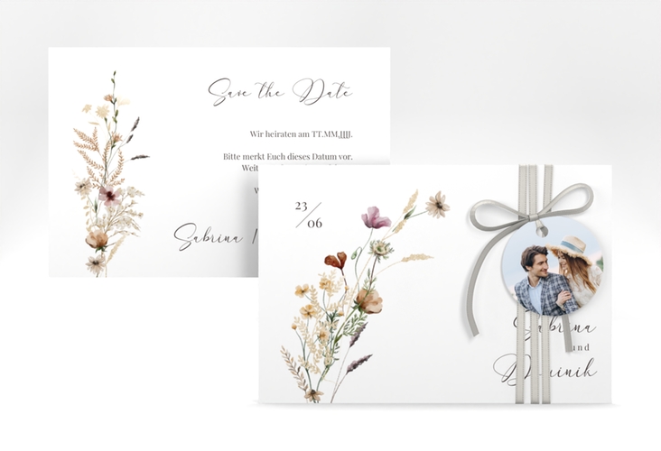 Save the Date-Karte Sauvages A6 Karte quer weiss hochglanz mit getrockneten Wiesenblumen