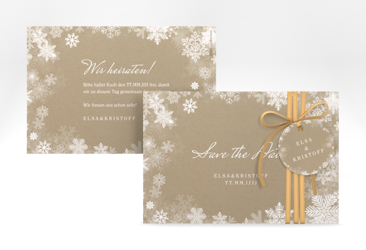 Save the Date-Karte Snowfall A6 Karte quer Kraftpapier hochglanz mit Schneeflocken für Winterhochzeit