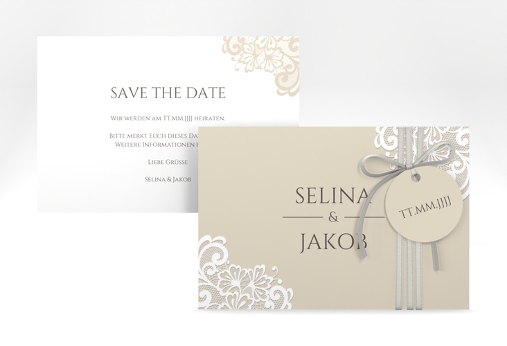 Save the Date-Karte Vintage A6 Karte quer beige mit floraler Spitze