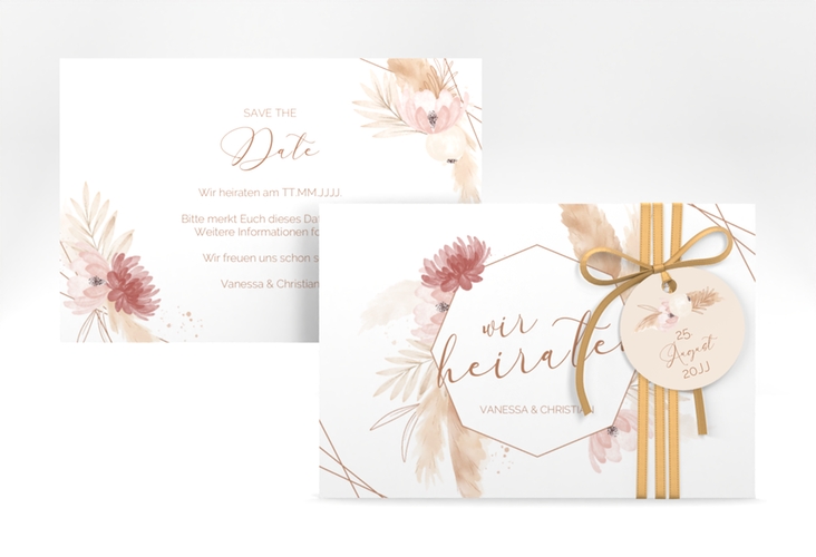 Save the Date-Karte Bohostyle A6 Karte quer beige mit Pampasgras in Aquarell