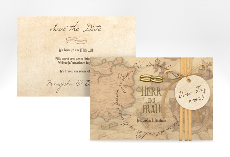 Save the Date-Karte Zwei Ringe A6 Karte quer beige mit Eheringen und Fantasy-Landkarte