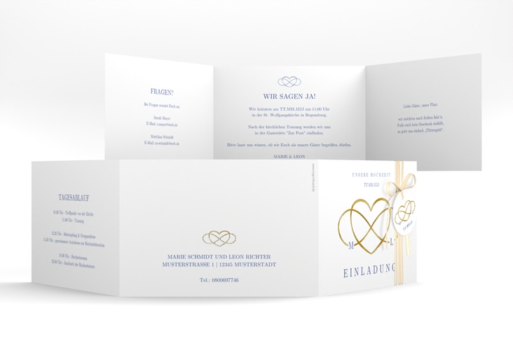 Hochzeitseinladung Infinity A6 Doppel-Klappkarte blau gold