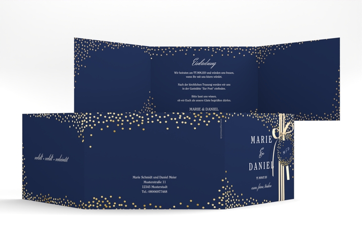 Hochzeitseinladung Glitter A6 Doppel-Klappkarte blau gold