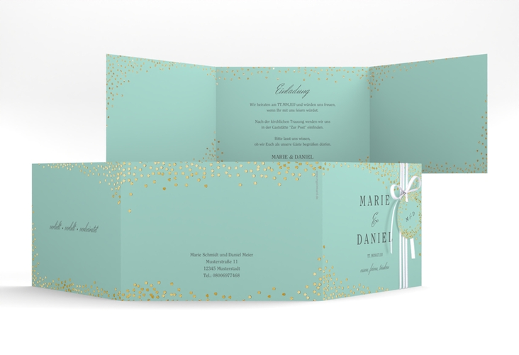 Hochzeitseinladung Glitter A6 Doppel-Klappkarte mint gold