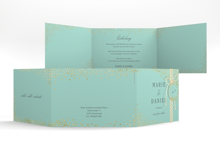 Hochzeitseinladung Glitter A6 Doppel-Klappkarte mint gold