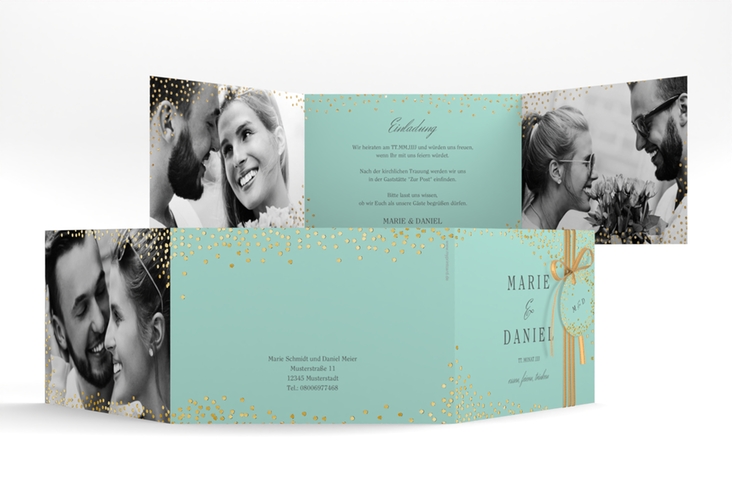 Hochzeitseinladung Glitter A6 Doppel-Klappkarte mint gold