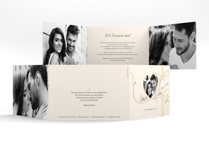 Hochzeitseinladung Dolce A6 Doppel-Klappkarte beige gold