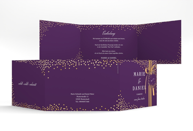 Hochzeitseinladung Glitter A6 Doppel-Klappkarte lila gold