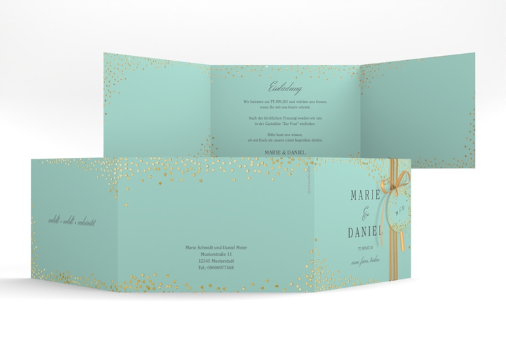 Hochzeitseinladung Glitter A6 Doppel-Klappkarte mint gold