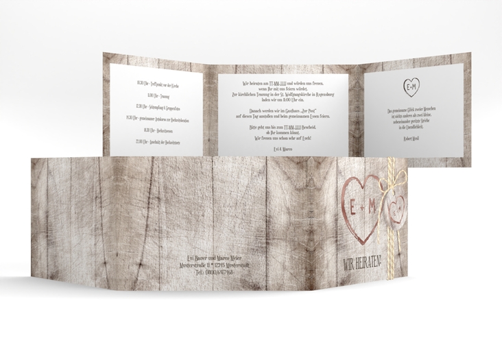 Hochzeitseinladung Wood A6 Doppel-Klappkarte weiss rosegold