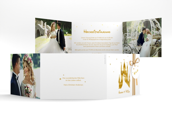 Hochzeitseinladung Castle A6 Doppel-Klappkarte gold gold