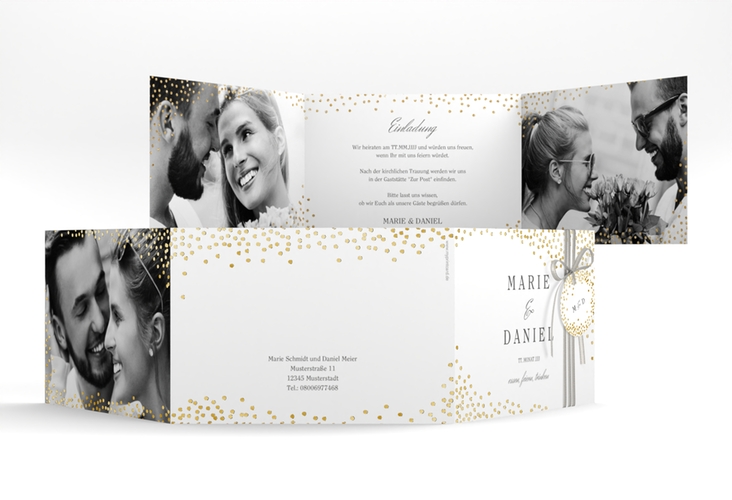 Hochzeitseinladung Glitter A6 Doppel-Klappkarte weiss gold