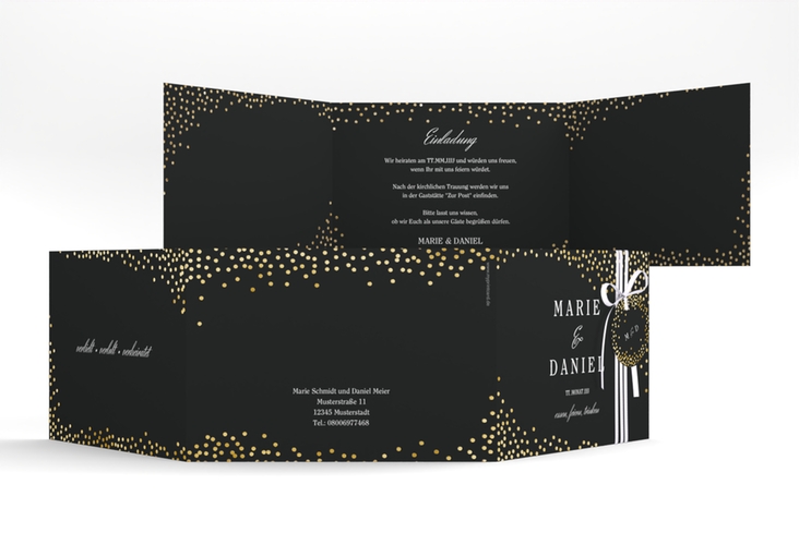 Hochzeitseinladung Glitter A6 Doppel-Klappkarte schwarz gold