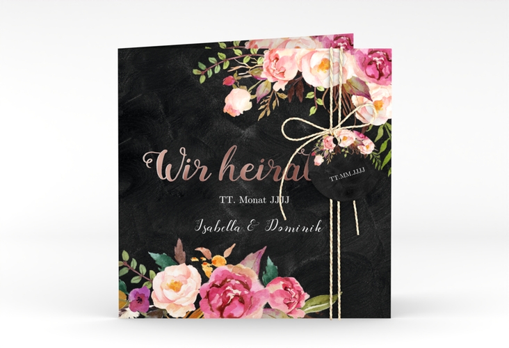 Hochzeitseinladung Flowers quadr. Klappkarte rosegold mit bunten Aquarell-Blumen