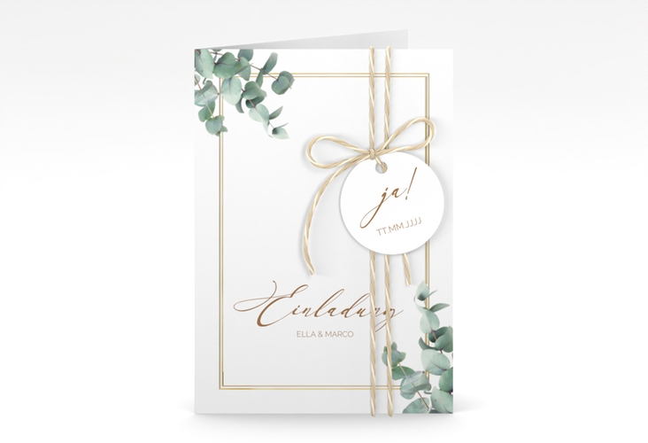 Einladungskarte Hochzeit Eucalypt A6 Klappkarte hoch gold mit Eukalyptus und edlem Rahmen