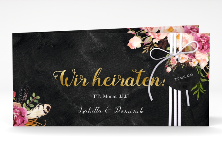 Hochzeitseinladung Flowers lange Klappkarte quer gold mit bunten Aquarell-Blumen