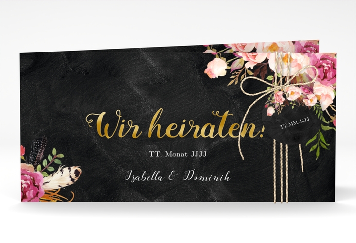 Hochzeitseinladung Flowers lange Klappkarte quer gold mit bunten Aquarell-Blumen