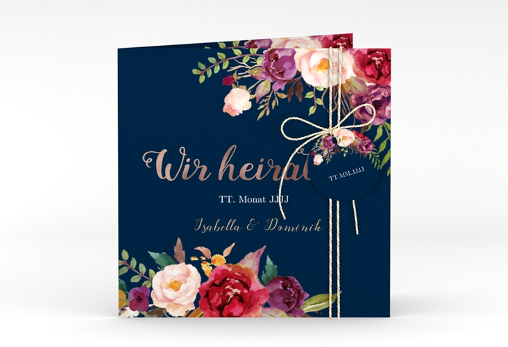 Hochzeitseinladung Flowers quadr. Klappkarte blau rosegold mit bunten Aquarell-Blumen