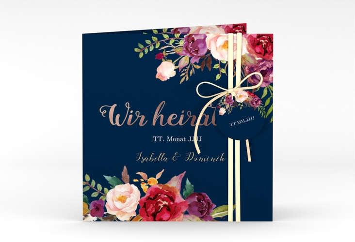 Hochzeitseinladung Flowers quadr. Klappkarte blau rosegold mit bunten Aquarell-Blumen