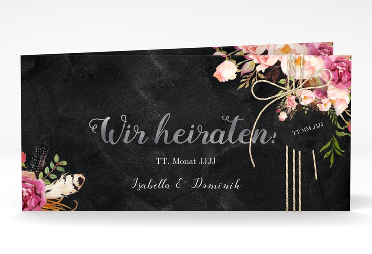 Hochzeitseinladung Flowers lange Klappkarte quer silber mit bunten Aquarell-Blumen