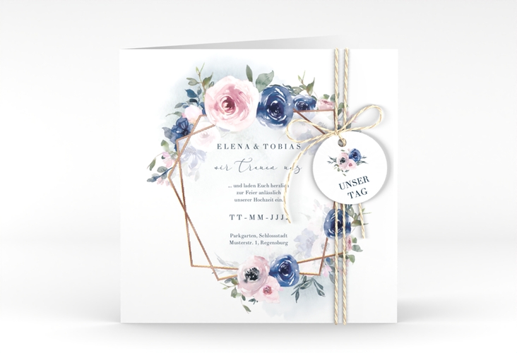 Hochzeitseinladung Dustyblue quadr. Klappkarte weiss rosegold