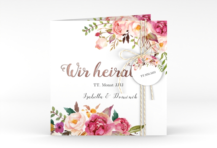 Hochzeitseinladung Flowers quadr. Klappkarte weiss rosegold mit bunten Aquarell-Blumen