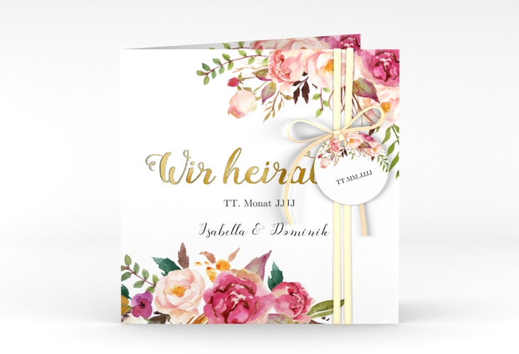 Hochzeitseinladung Flowers quadr. Klappkarte weiss gold mit bunten Aquarell-Blumen