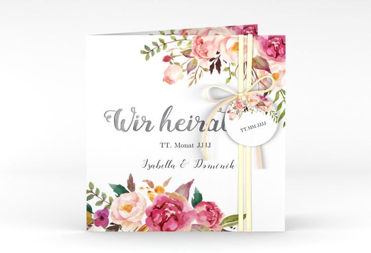 Hochzeitseinladung Flowers quadr. Klappkarte weiss silber mit bunten Aquarell-Blumen