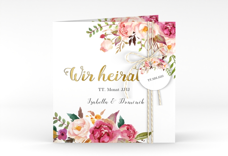 Hochzeitseinladung Flowers quadr. Klappkarte weiss gold mit bunten Aquarell-Blumen