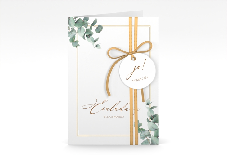 Einladungskarte Hochzeit Eucalypt A6 Klappkarte hoch gold mit Eukalyptus und edlem Rahmen