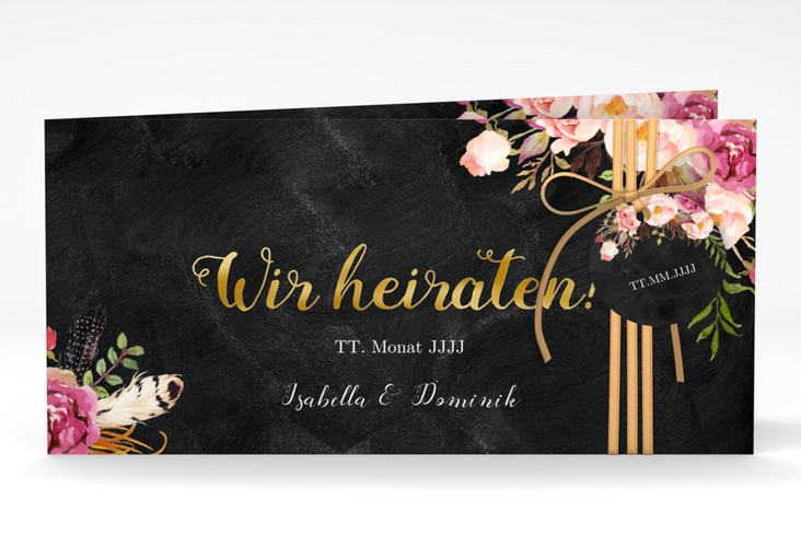 Hochzeitseinladung Flowers lange Klappkarte quer gold mit bunten Aquarell-Blumen