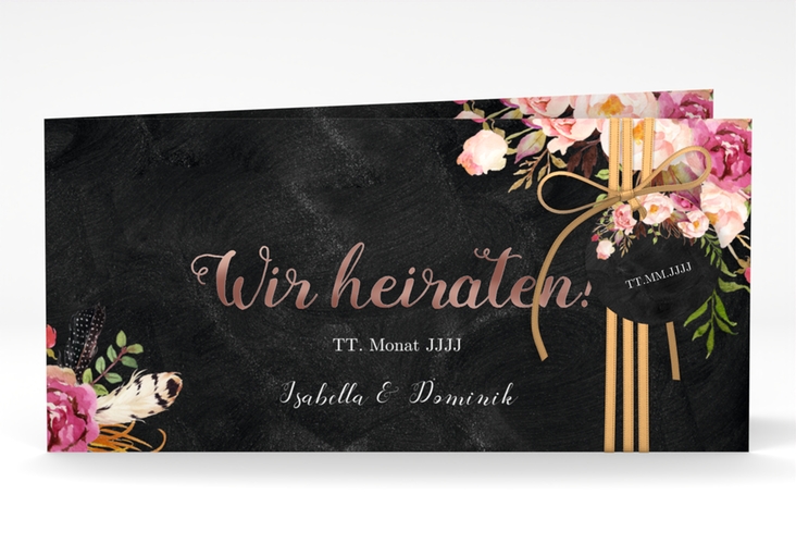 Hochzeitseinladung Flowers lange Klappkarte quer rosegold mit bunten Aquarell-Blumen