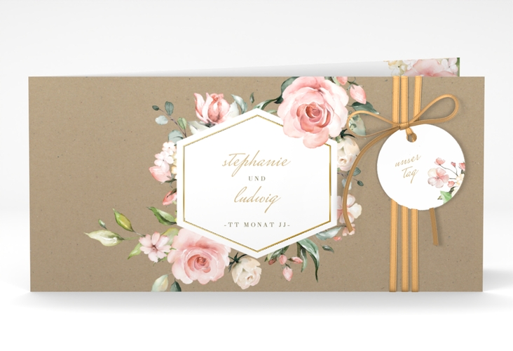 Hochzeitseinladung Graceful lange Klappkarte quer gold mit Rosenblüten in Rosa und Weiß