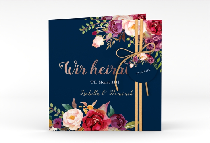 Hochzeitseinladung Flowers quadr. Klappkarte blau rosegold mit bunten Aquarell-Blumen