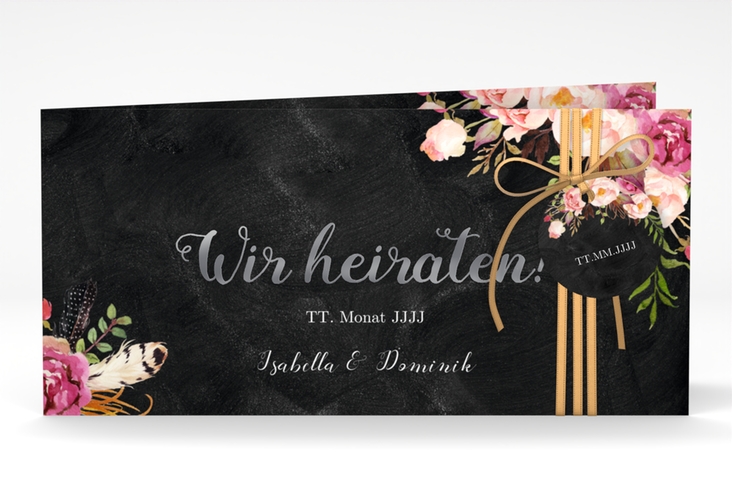 Hochzeitseinladung Flowers lange Klappkarte quer silber mit bunten Aquarell-Blumen