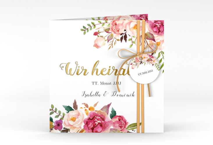 Hochzeitseinladung Flowers quadr. Klappkarte weiss gold mit bunten Aquarell-Blumen