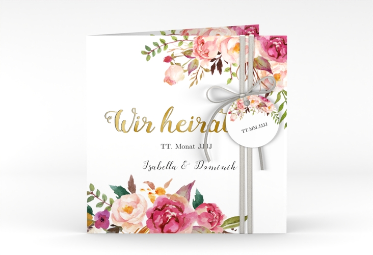 Hochzeitseinladung Flowers quadr. Klappkarte weiss gold mit bunten Aquarell-Blumen