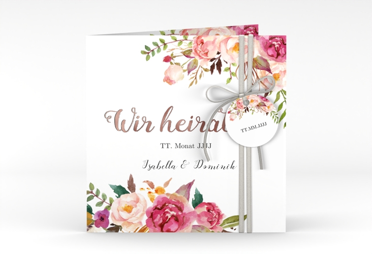 Hochzeitseinladung Flowers quadr. Klappkarte weiss rosegold mit bunten Aquarell-Blumen