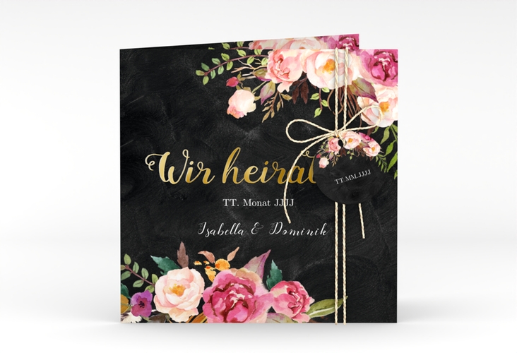 Hochzeitseinladung Flowers quadr. Klappkarte schwarz gold mit bunten Aquarell-Blumen