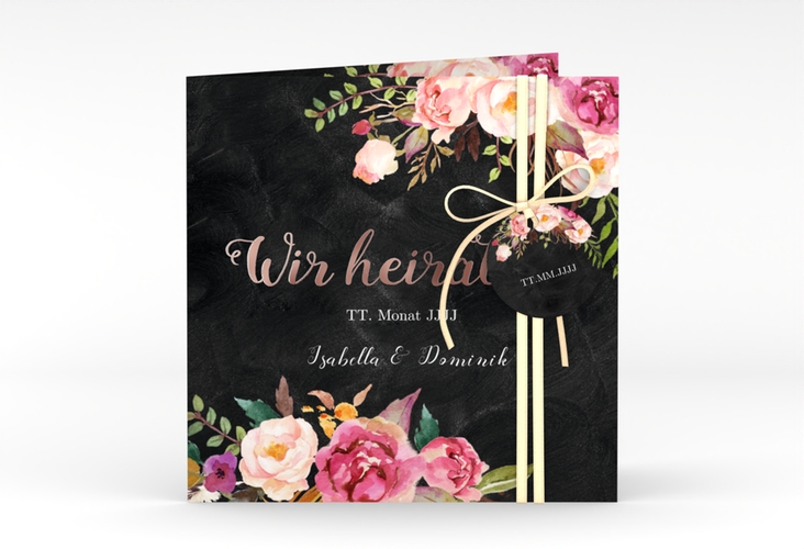 Hochzeitseinladung Flowers quadr. Klappkarte schwarz rosegold mit bunten Aquarell-Blumen